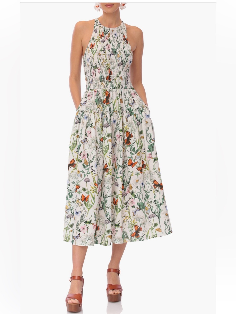 Avec Les Filles White Floral & Butterfly Shirred Halter Dress